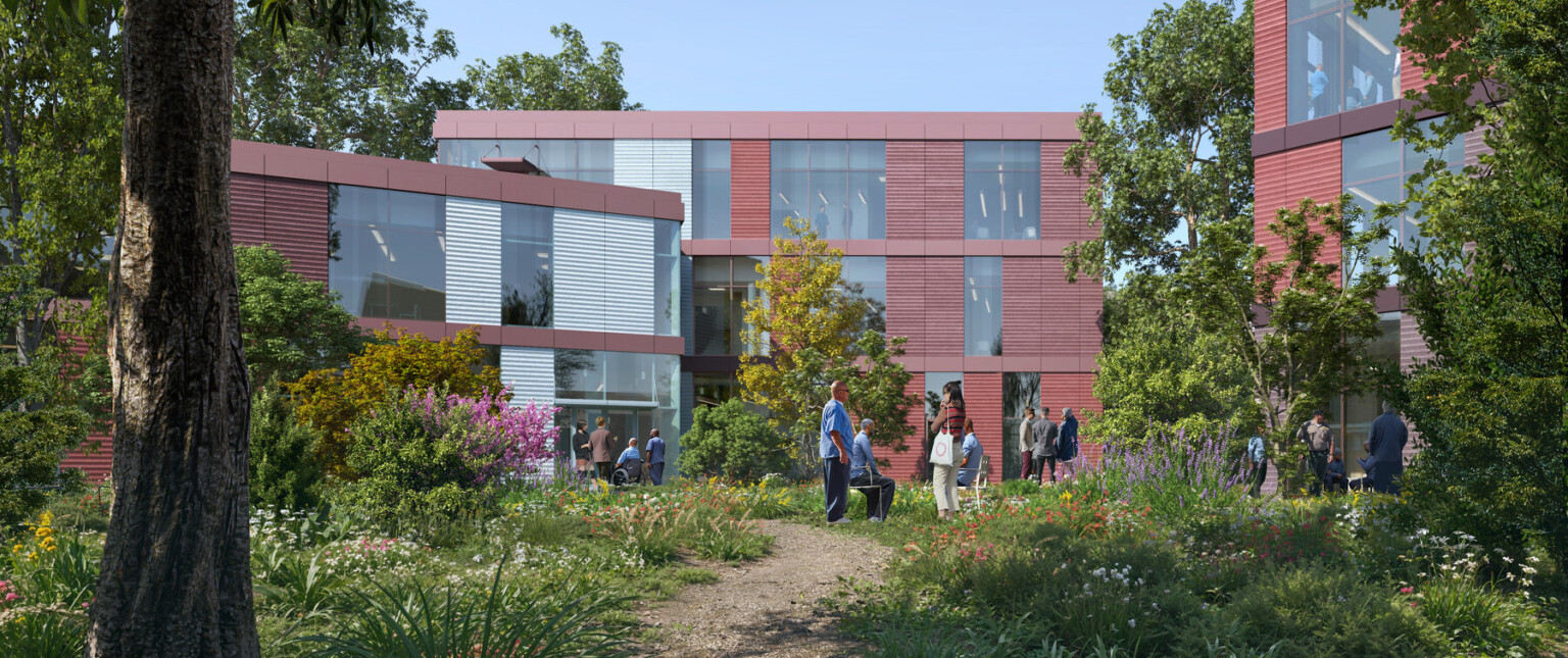 Rendering of a multistory building filled with large rectangular windows surrounded by trees and lush landscaping