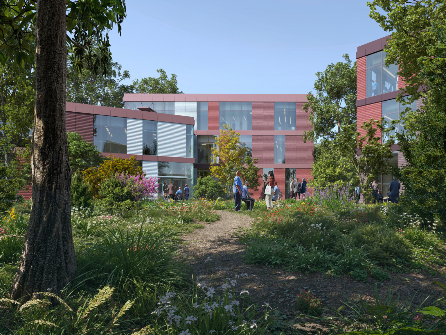 Rendering of a multistory building filled with large rectangular windows surrounded by trees and lush landscaping