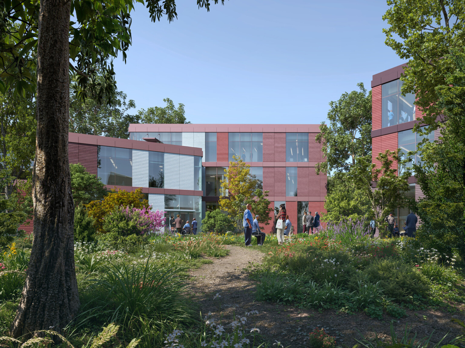 Rendering of a multistory building filled with large rectangular windows surrounded by trees and lush landscaping