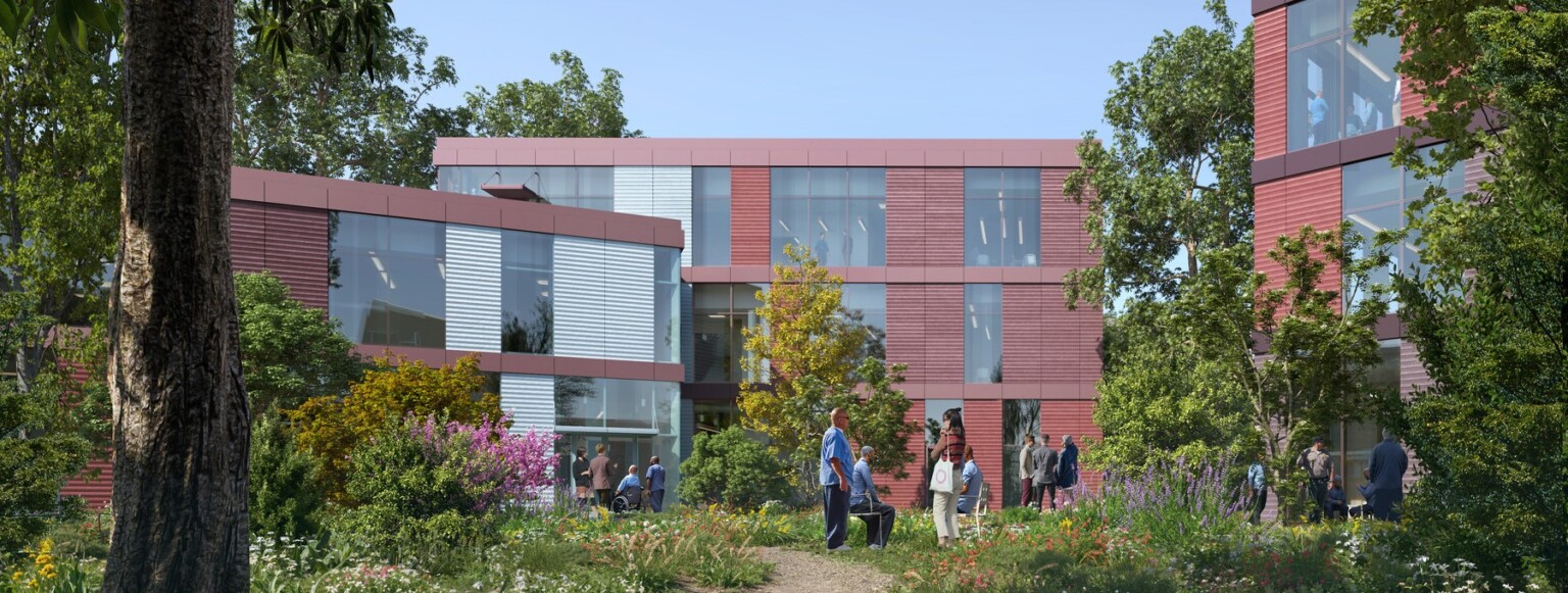 Rendering of a multistory building filled with large rectangular windows surrounded by trees and lush landscaping, San Quentin