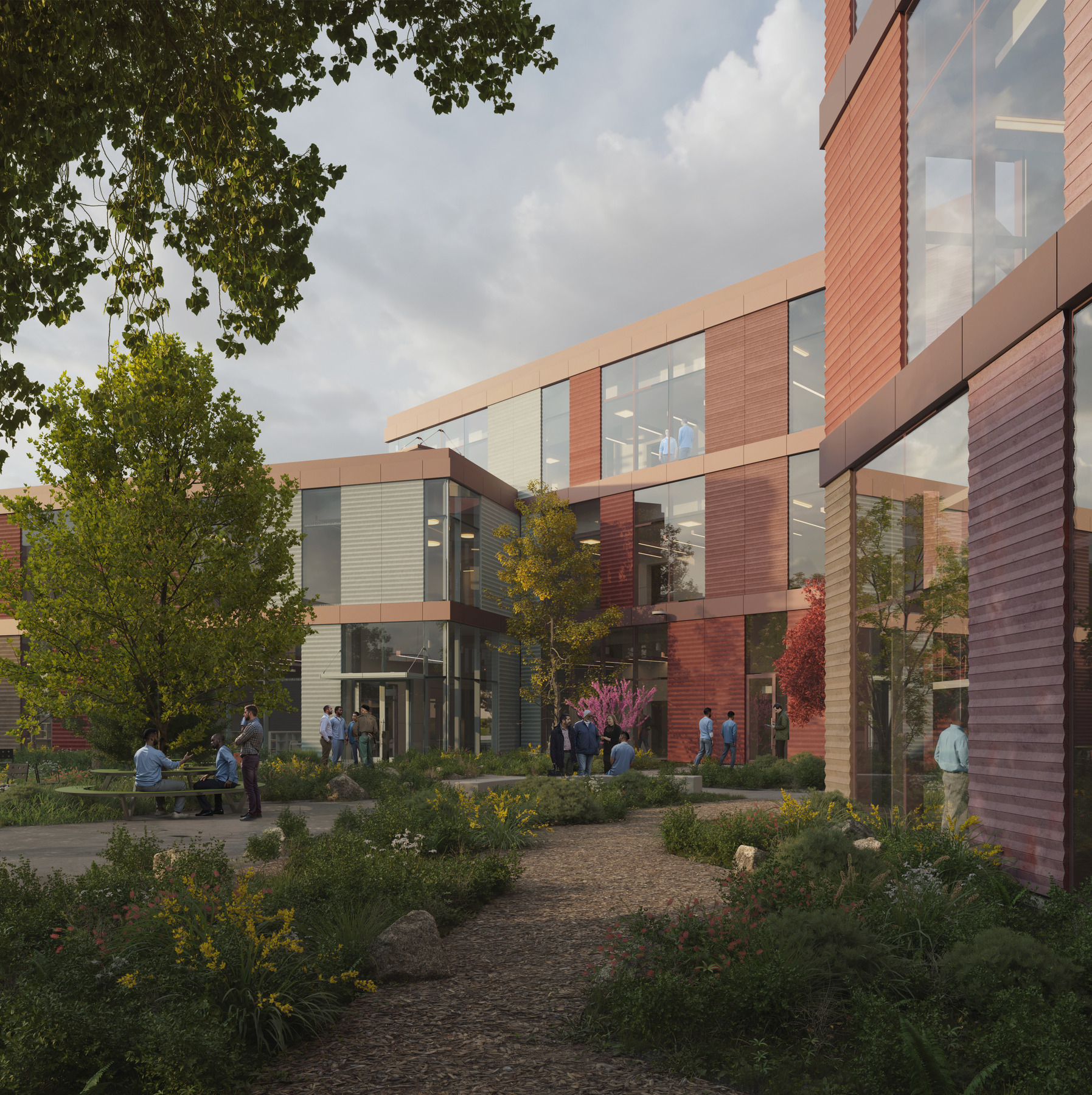 Rendering of a multistory building filled with large rectangular windows surrounded by trees and lush landscaping