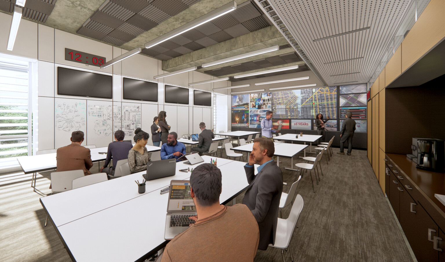 Palo Alto Public Safety Building conference room for collaborative work flexible seating and workspace, white boards on walls with large windows