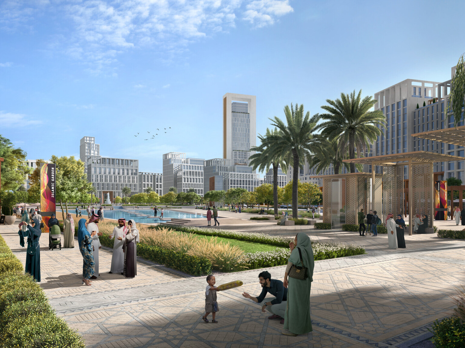 An urban city center with people strolling, sitting at outdoor cafes, and children playing, surrounded by contemporary buildings and lush greenery, exemplifying the blend of traditional Hijazi architecture with modern design