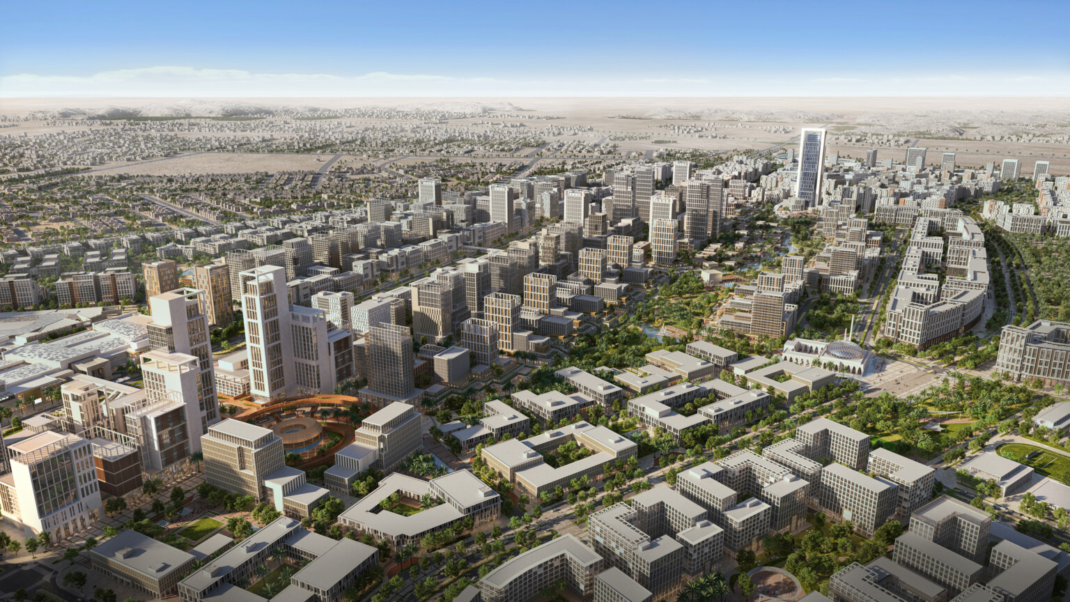 Rendering of Madinah, KSA showing high rise buildings amongst green trees