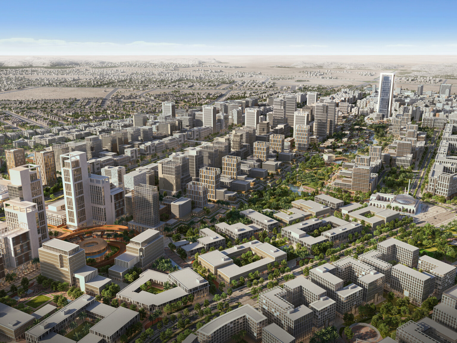 Rendering of Madinah, KSA showing high rise buildings amongst green trees