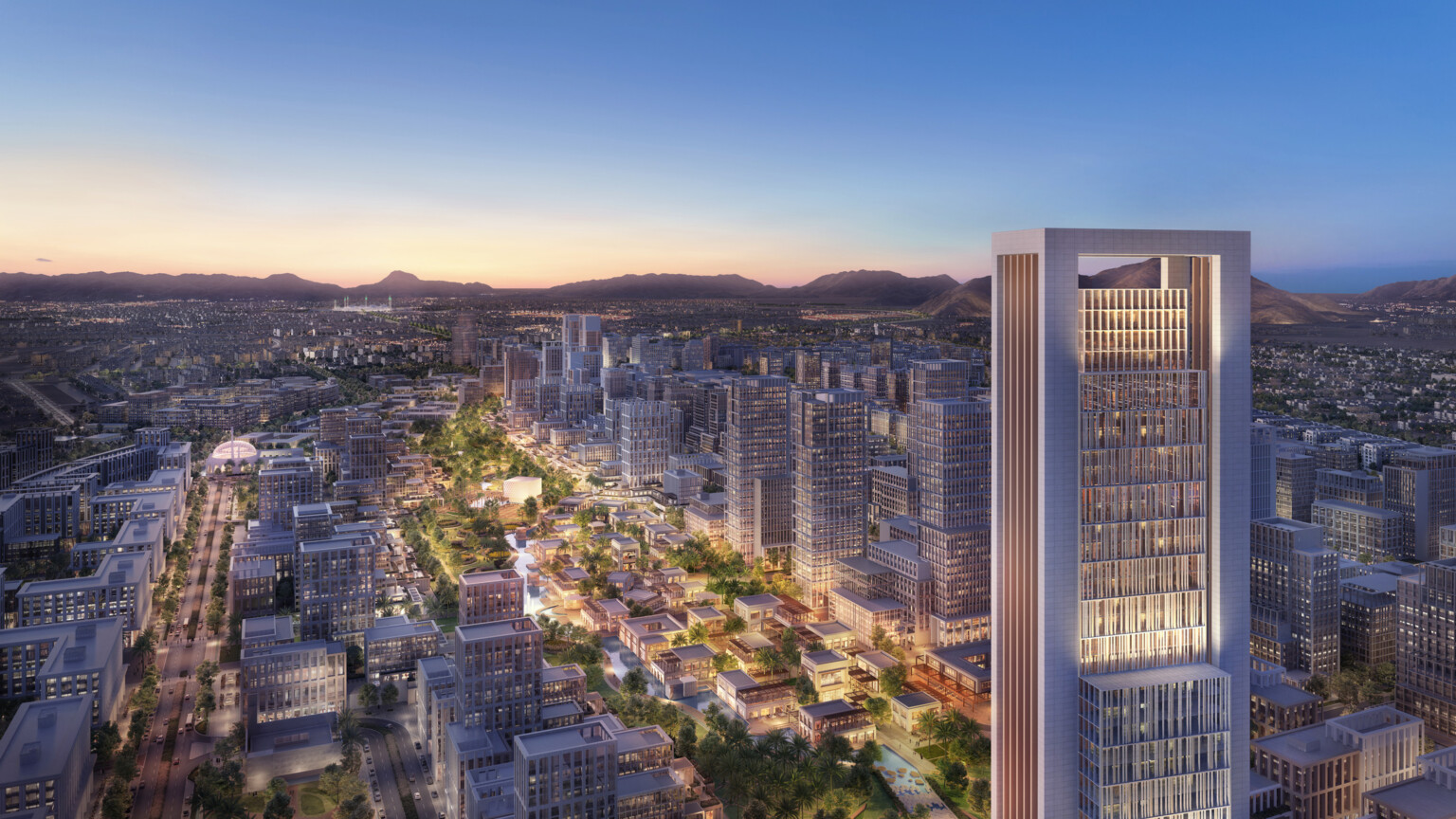 Dusk rendering of Madinah, KSA showing a large high rise building to the right surrounded by other multistory buildings