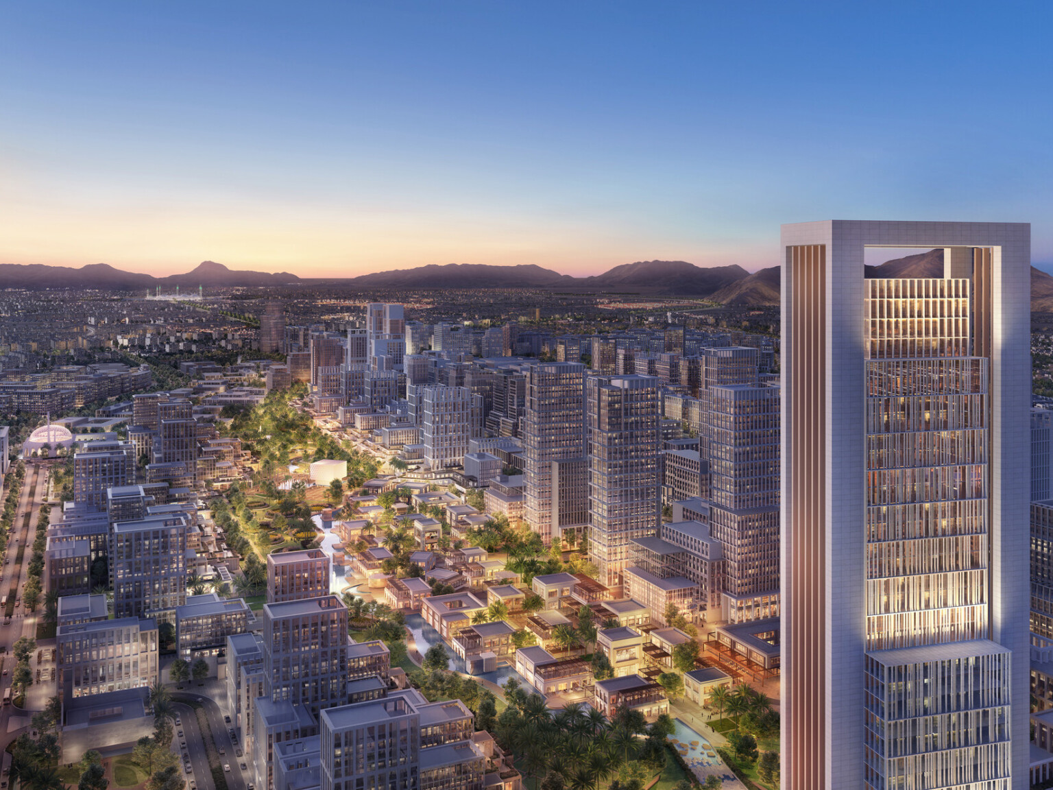 Dusk rendering of Madinah, KSA showing a large high rise building to the right surrounded by other multistory buildings