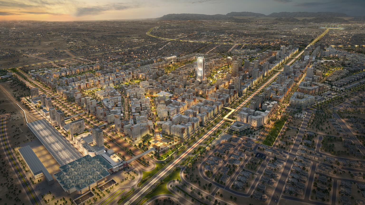 Dusk rendering of Madinah, KSA showing high rise buildings with windows filled with light amongst green trees