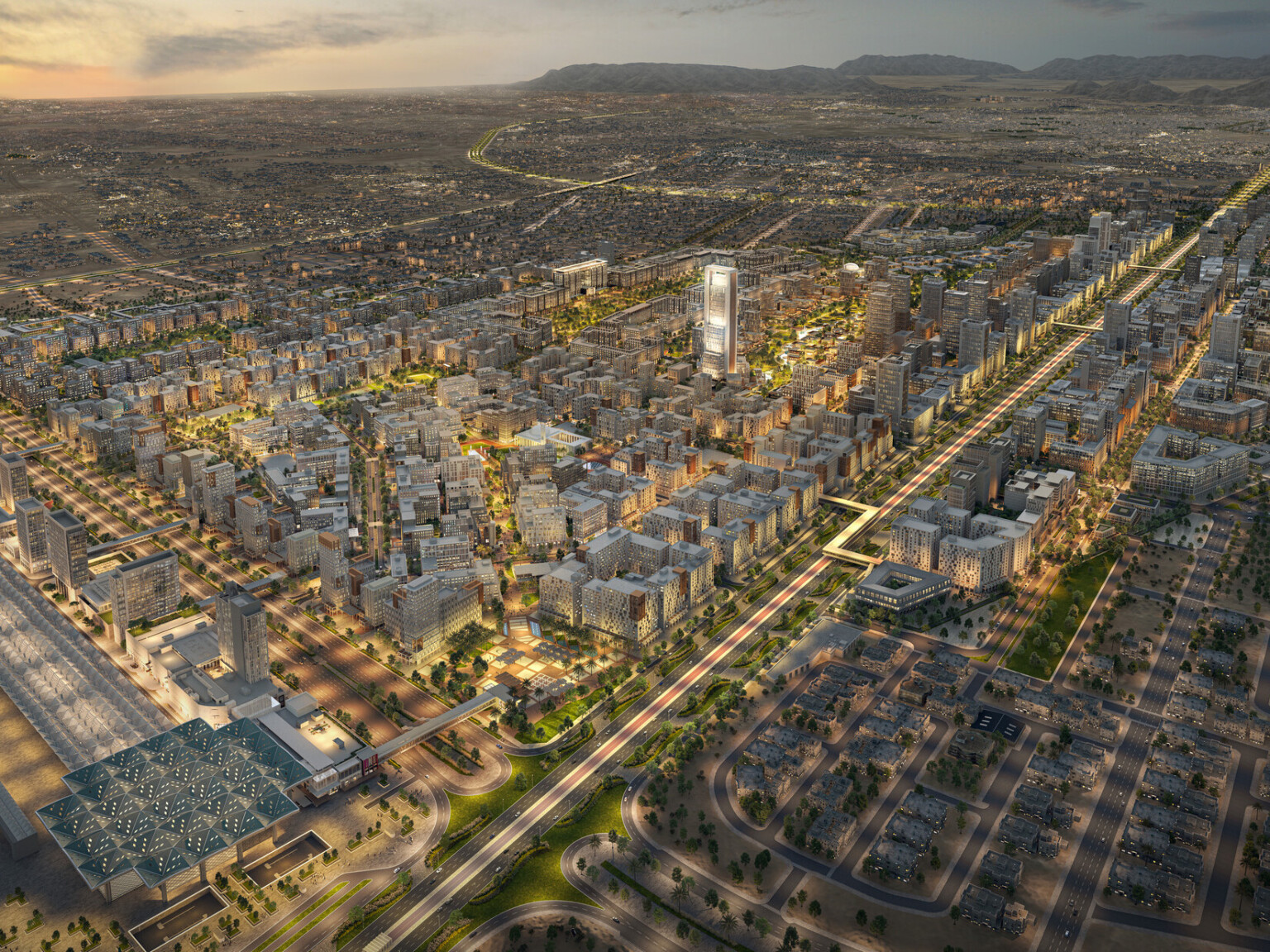 Dusk rendering of Madinah, KSA showing high rise buildings with windows filled with light amongst green trees