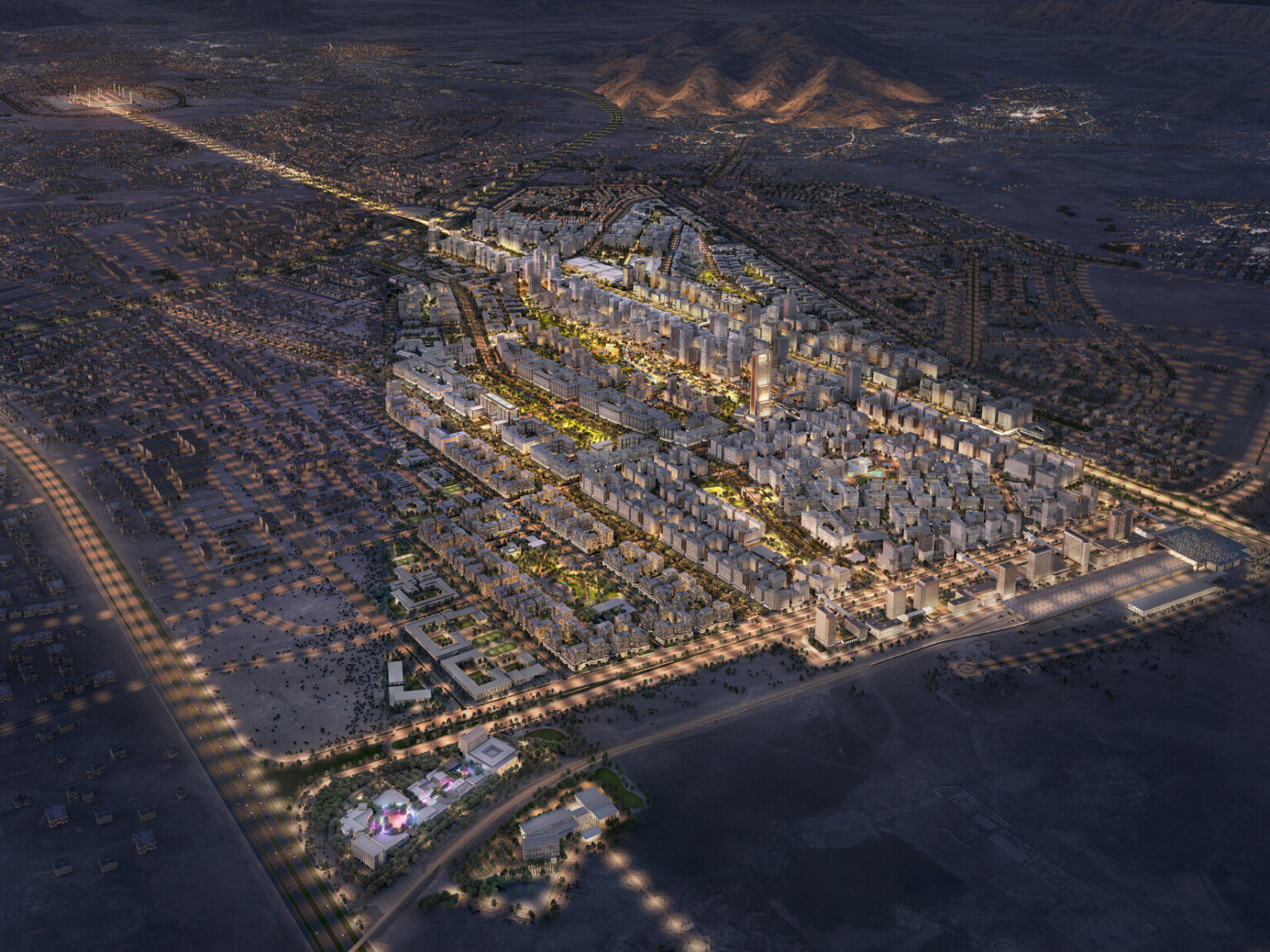 Aerial nighttime rendering of Madinah, KSA showing high rise buildings with windows filled with light amongst green trees