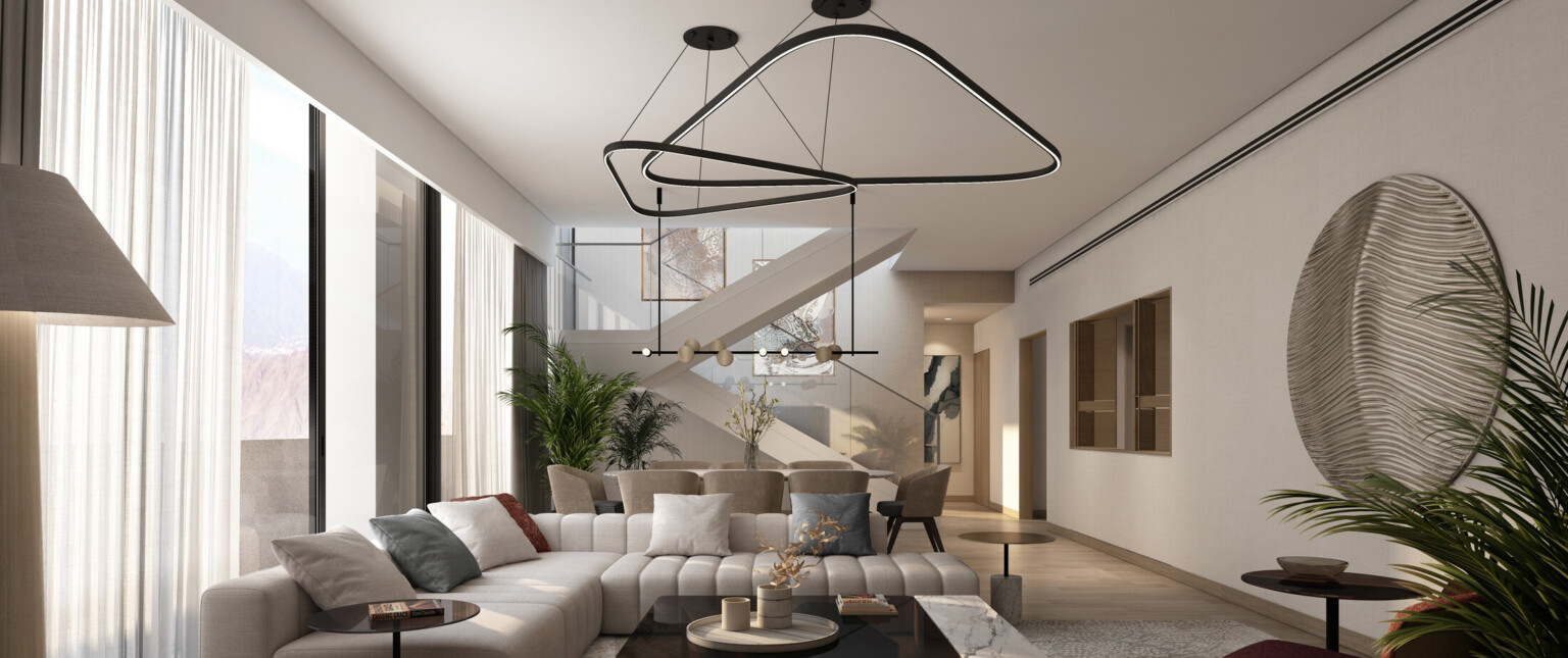 Interior rendering of a residential loft showing modern lighting, white soft and neutral decor