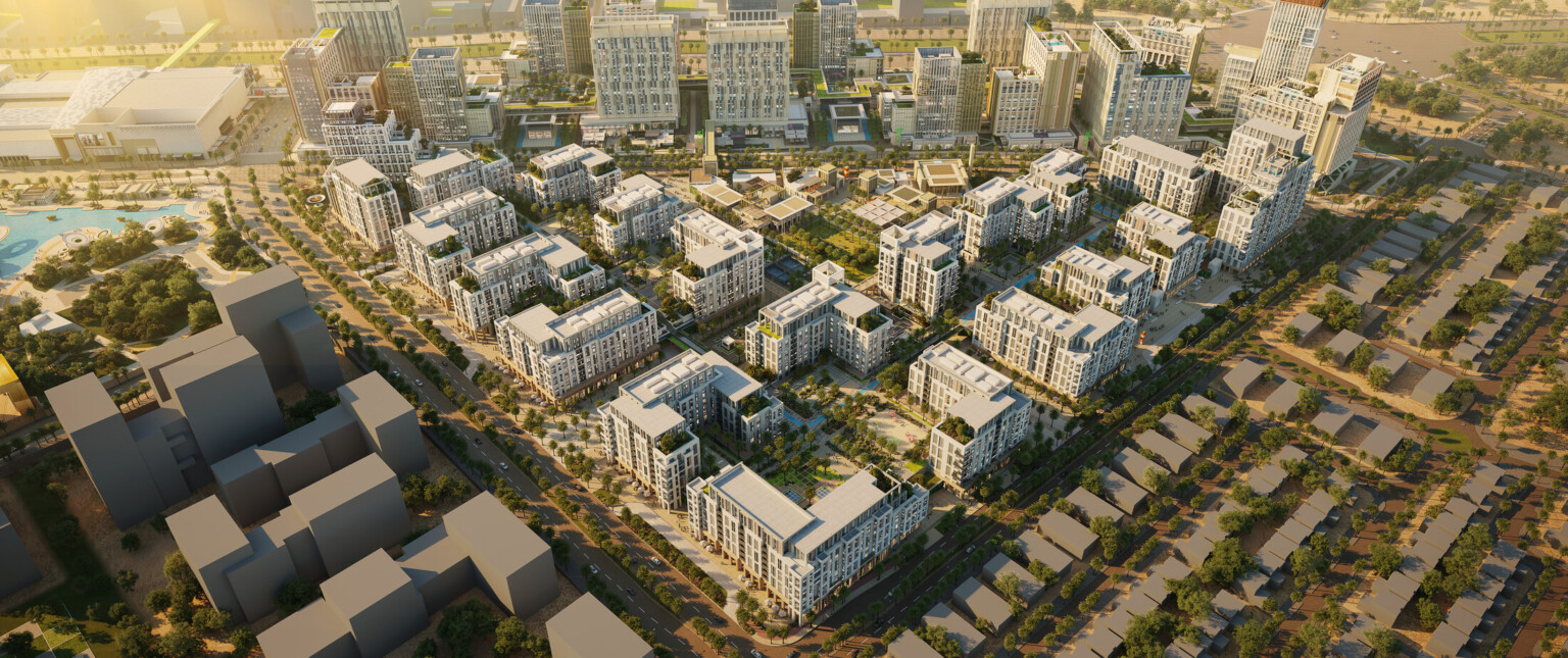 Rendering of a multitude of white multistory buildings
