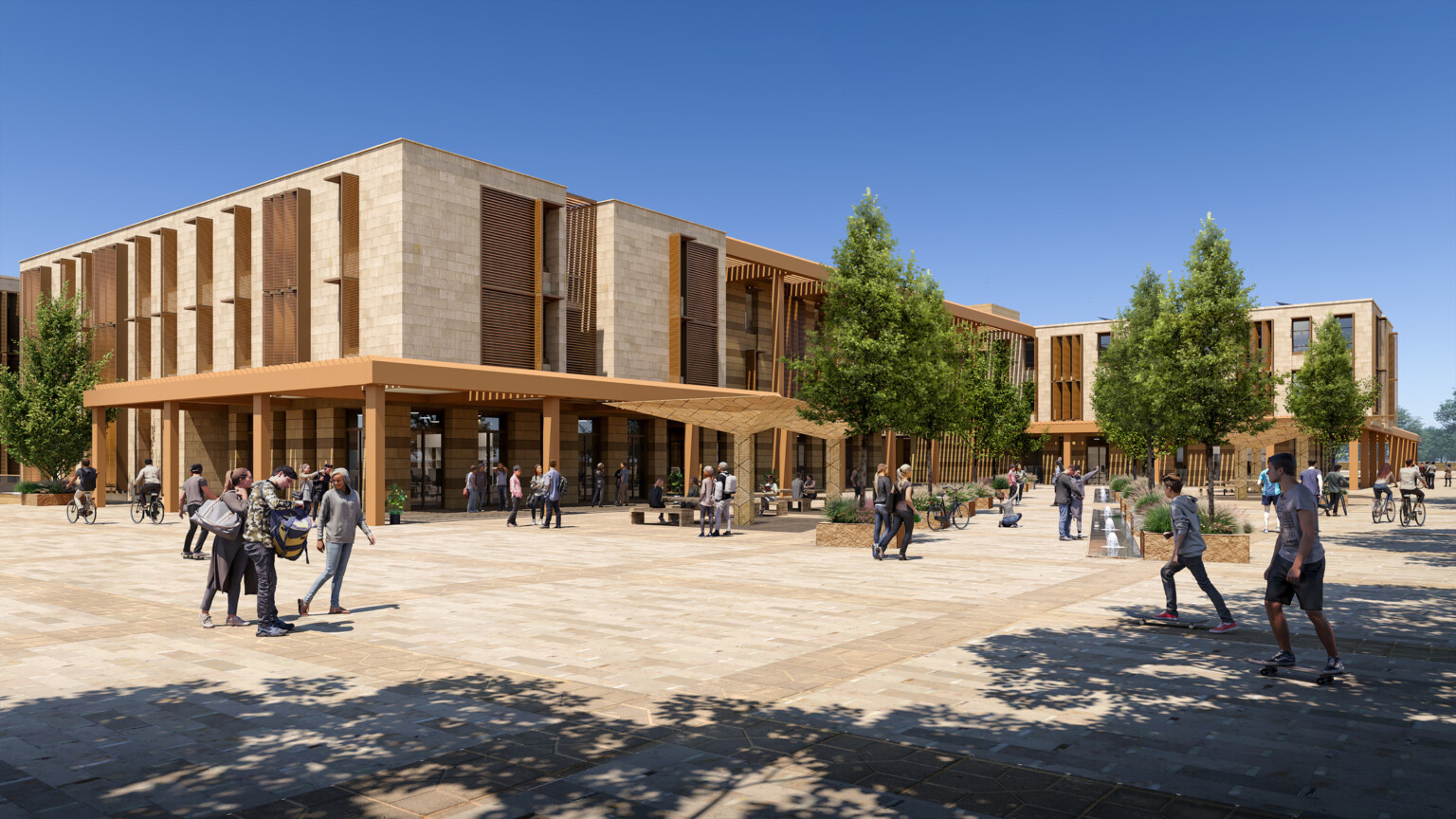 An exterior render of a modern university campus building with large windows and wooden accents. In front of the building is a spacious plaza with neatly paved walkways and several trees providing shade
