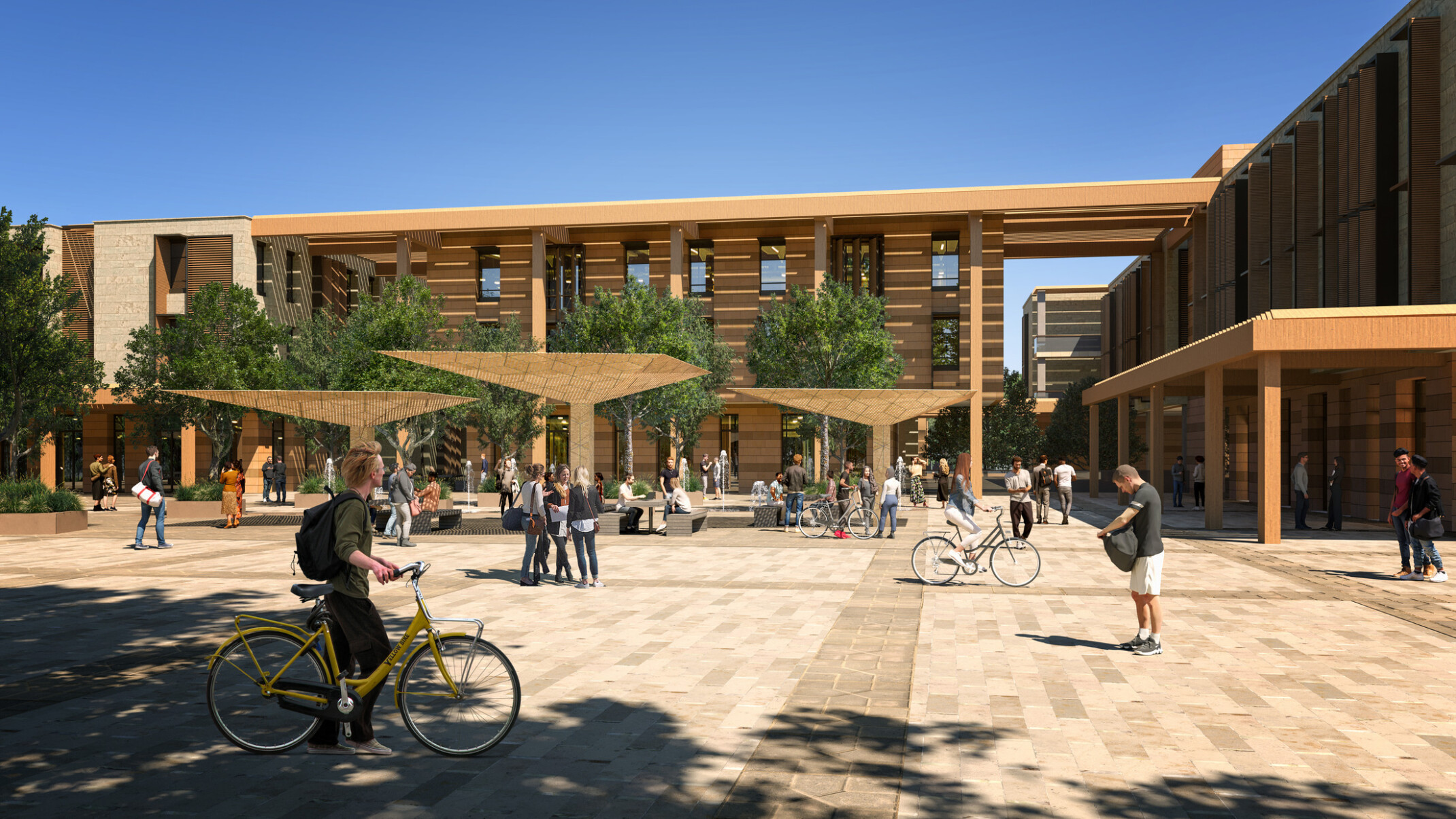 Rendering of a college campus showing a bustling outside common area between two brown modern buildings