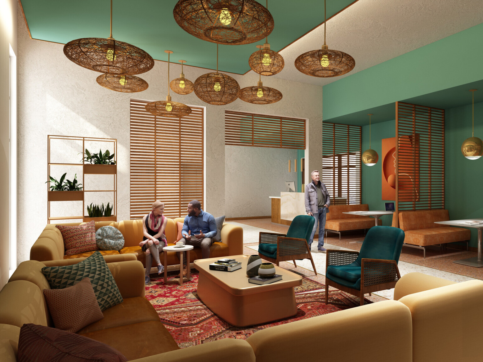 An interior render of a cozy university lounge or common area. The overall ambiance is relaxed and comfortable, encouraging social interaction and informal gatherings