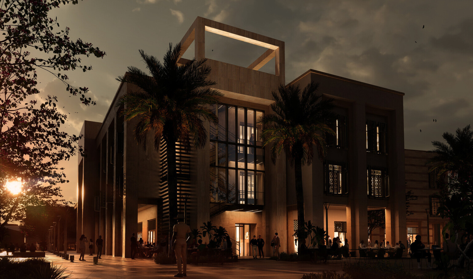 A modern, multi-story university student hub exterior rendering. The building features a contemporary design with large glass windows and clean architectural lines.