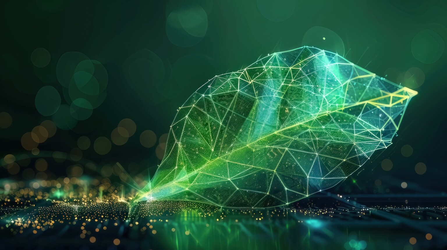 The advancement of technology in sustainable energy is symbolized by a green leaf adorned with a three-dimensional luminous tech mesh. This representation encapsulates the concepts of sustainability