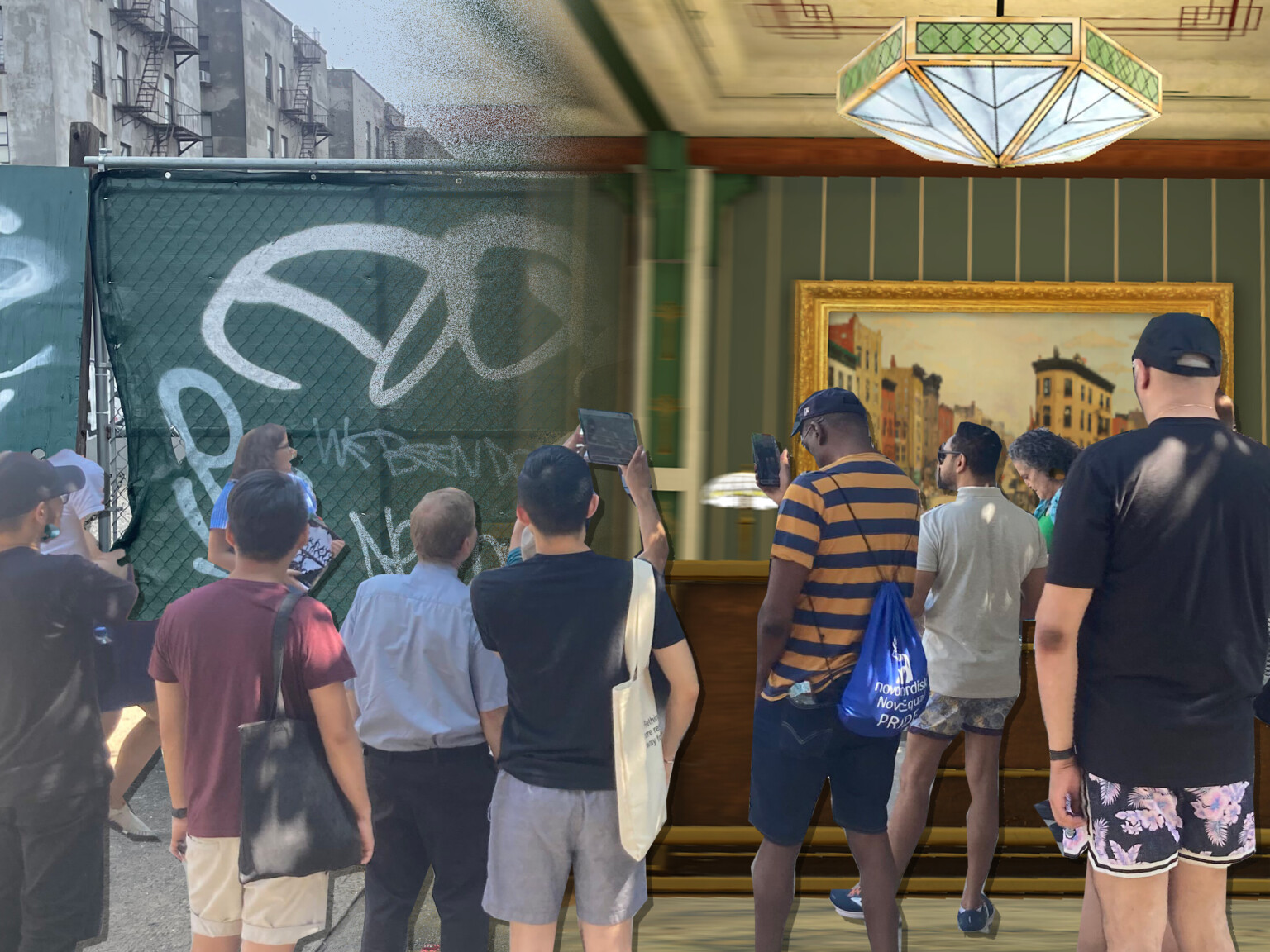 Crowd of people standing in front of a mash up of an old building facade and a fence with green and white graffiti