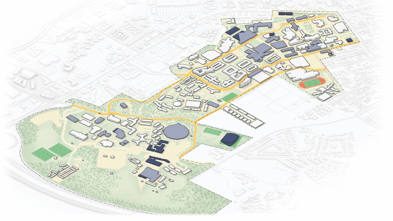 Sustainable Smart Campus Master Plan rendering of buildings and green spaces at Northern Arizona University