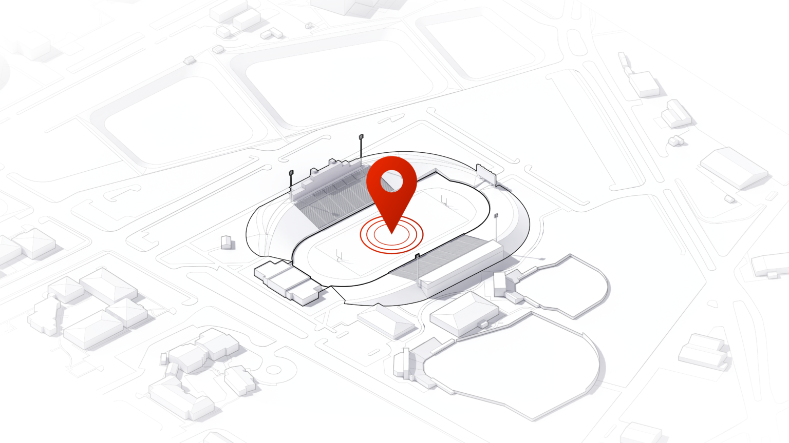 Grey and white sketch of a university football stadium with a red location pointer in the middle of the field