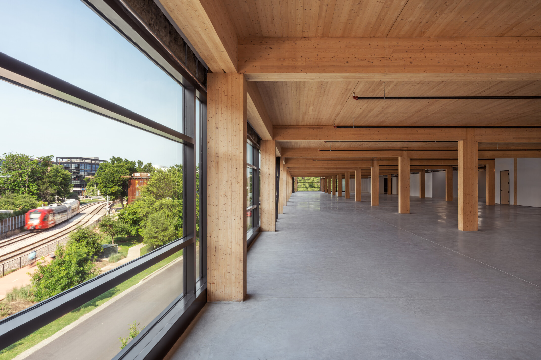 Mass timber open floor plan office space with exposed wood cieling and beams, raw concrete floor, floor to ceiling windows